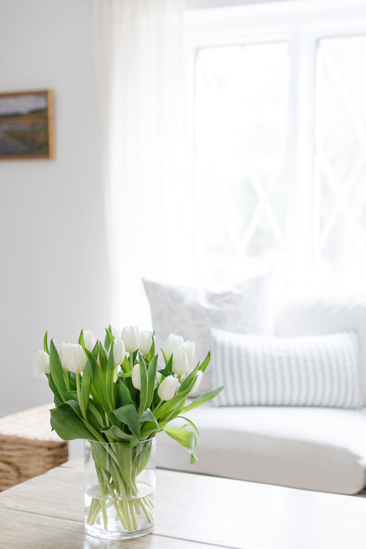 A vase of white tulips on a wooden coffee table.