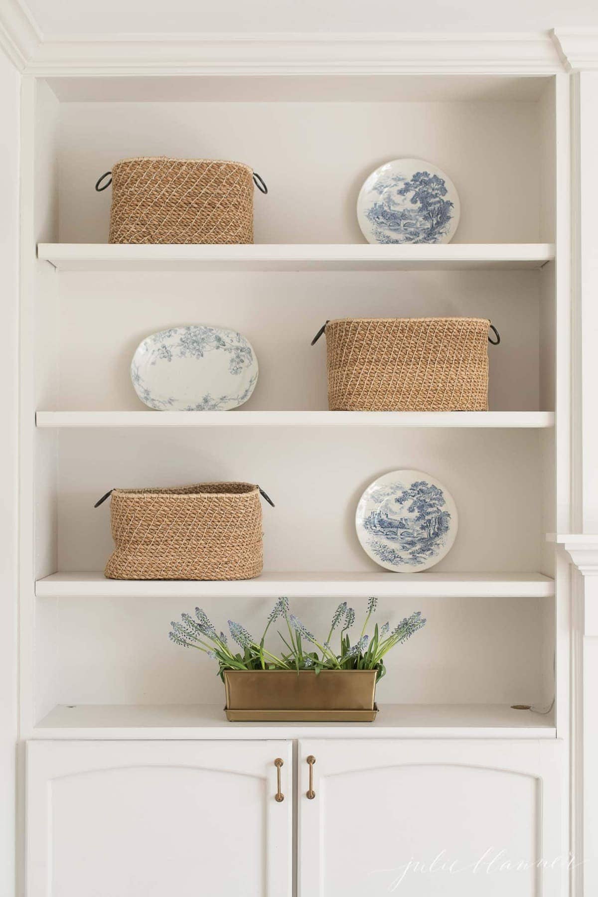 bookcases decorated for spring