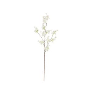 A single artificial cherry blossom branch with small white blossoms and green leaves on a thin brown stem, isolated on a white background.