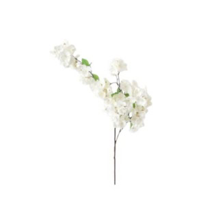 A single artificial white bougainvillea flower stem with green leaves, reminiscent of delicate cherry blossom branches, on a plain white background.