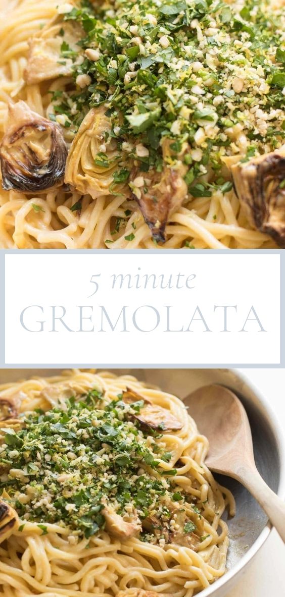 In a silver pan, there is two variations of Gremolata over pastas.