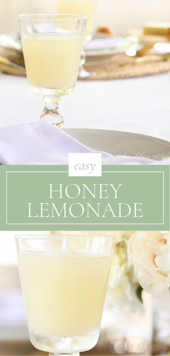 Honey Lemonade is pictured in a clear glass in a table setting.