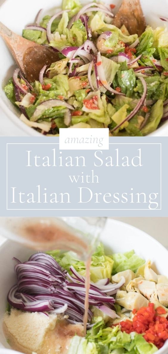 An italian dressing poured onto italian salad