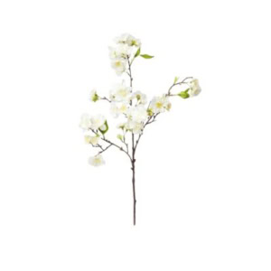 A single artificial cherry blossom branch with multiple white flowers and a few green leaves is set against a plain white background.