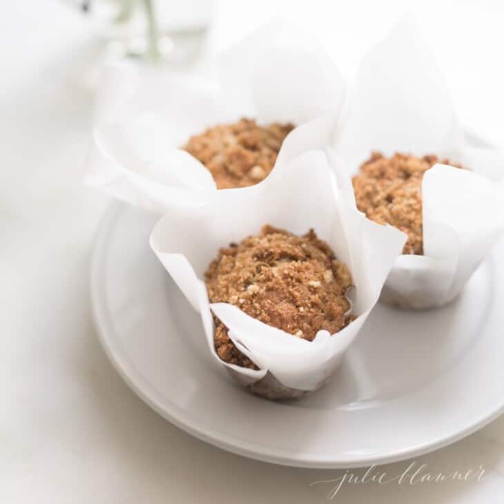 3 banana muffins on white plate