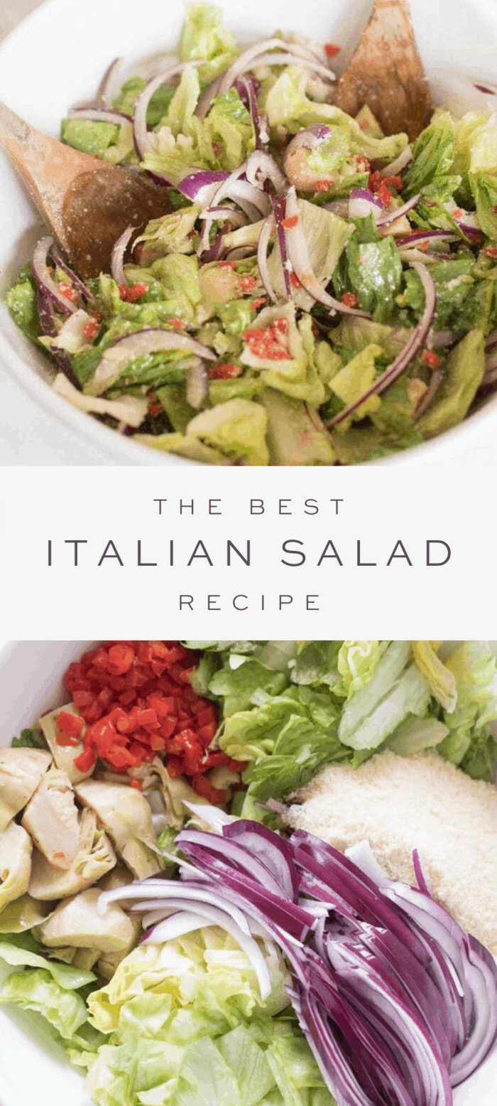 Italian salad, overlay text, close up of ingredients in Italian salad