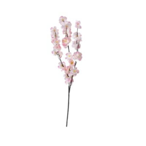 A single stem features multiple small, light pink artificial cherry blossom flowers on delicate cherry blossom branches against a white background.