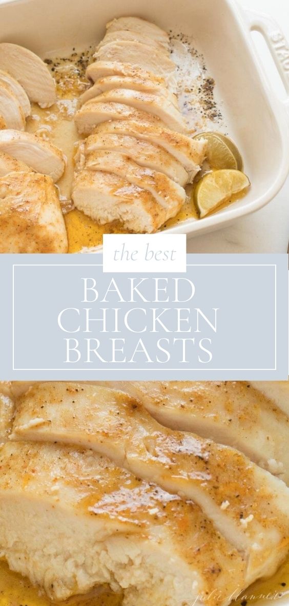 Sliced Baked Chicken Breasts are pictured in a white Staub baking dish on a marble counter top.