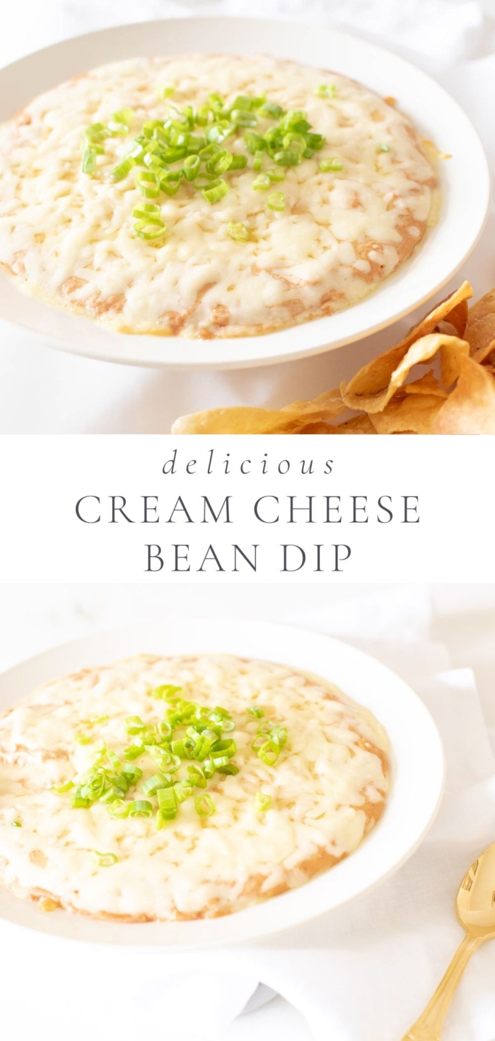 two pictures of a bowl of cream cheese bean dip with chips and a spoon