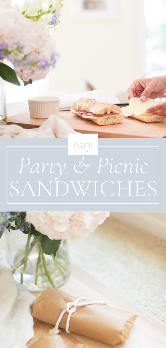 Title Page showing two photos one above and one below the title banner. The top photos shows a person's hands making a sandwich and the bottom photo shows two sandwiches wrapped in brown paper tied with natural string next to a vase of white hydrangeas on a counter top.
