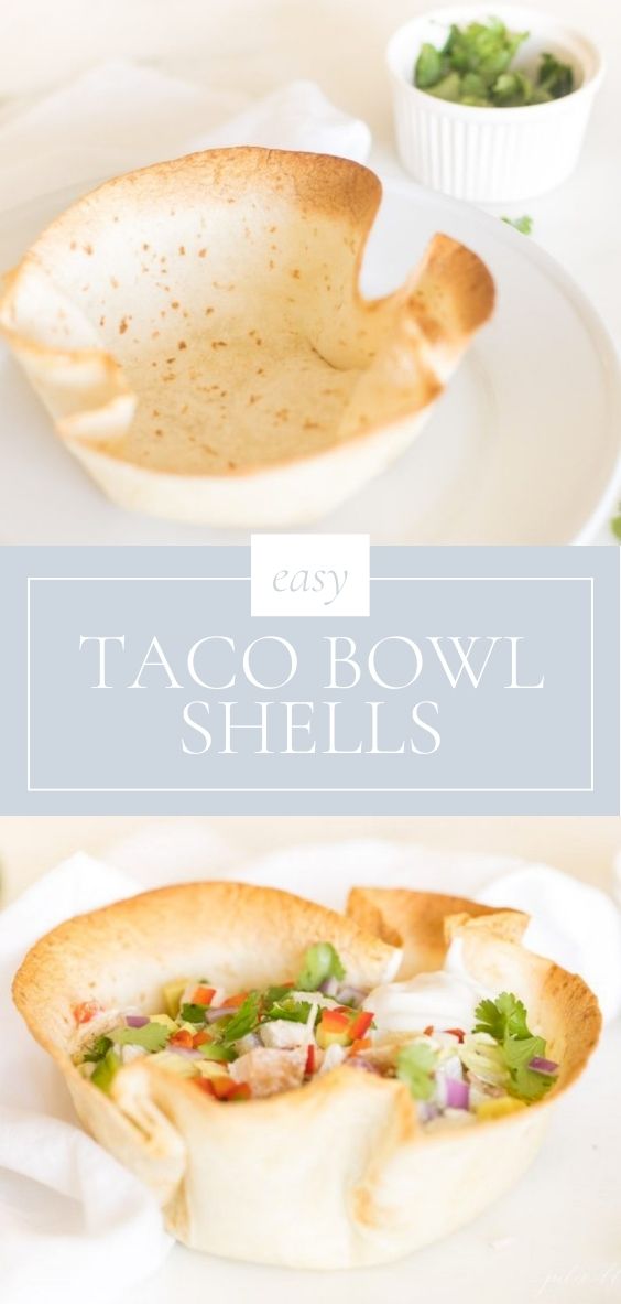 A Taco Bowl shell is pictured in a white bowl with taco ingredients on a marble counter.