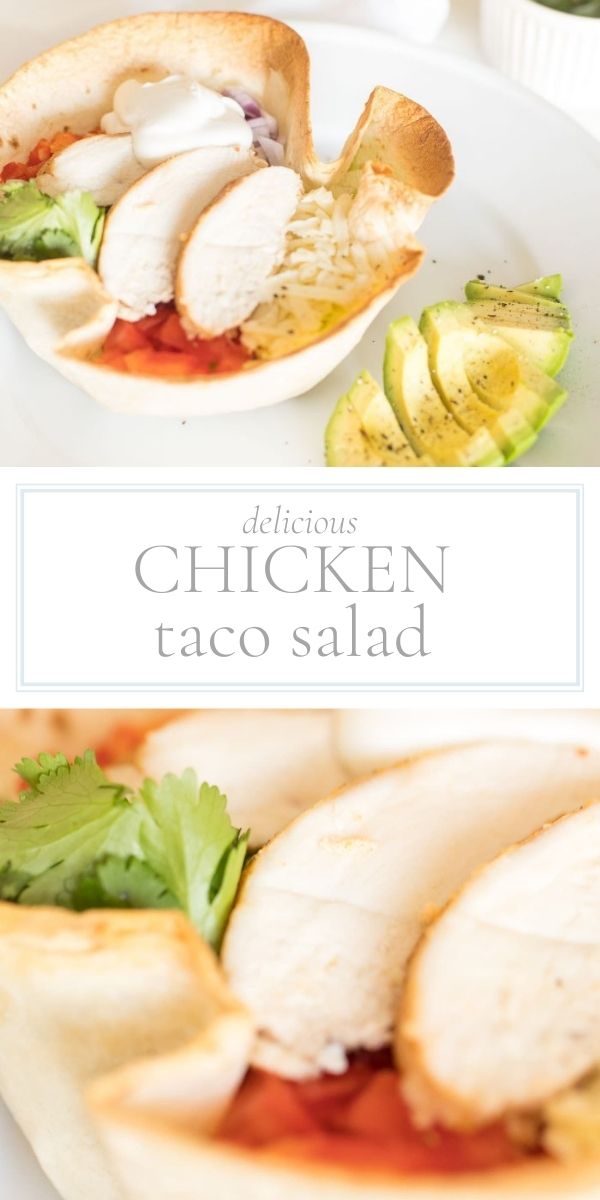 Top photo is a chicken salad in a taco shell on top of a white plate. Next to the salad is half a sliced avocado.