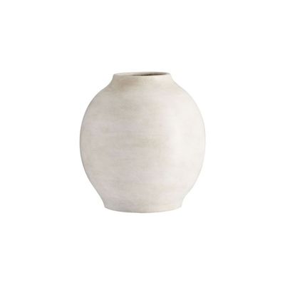 A white stoneware flower vase on a white background.