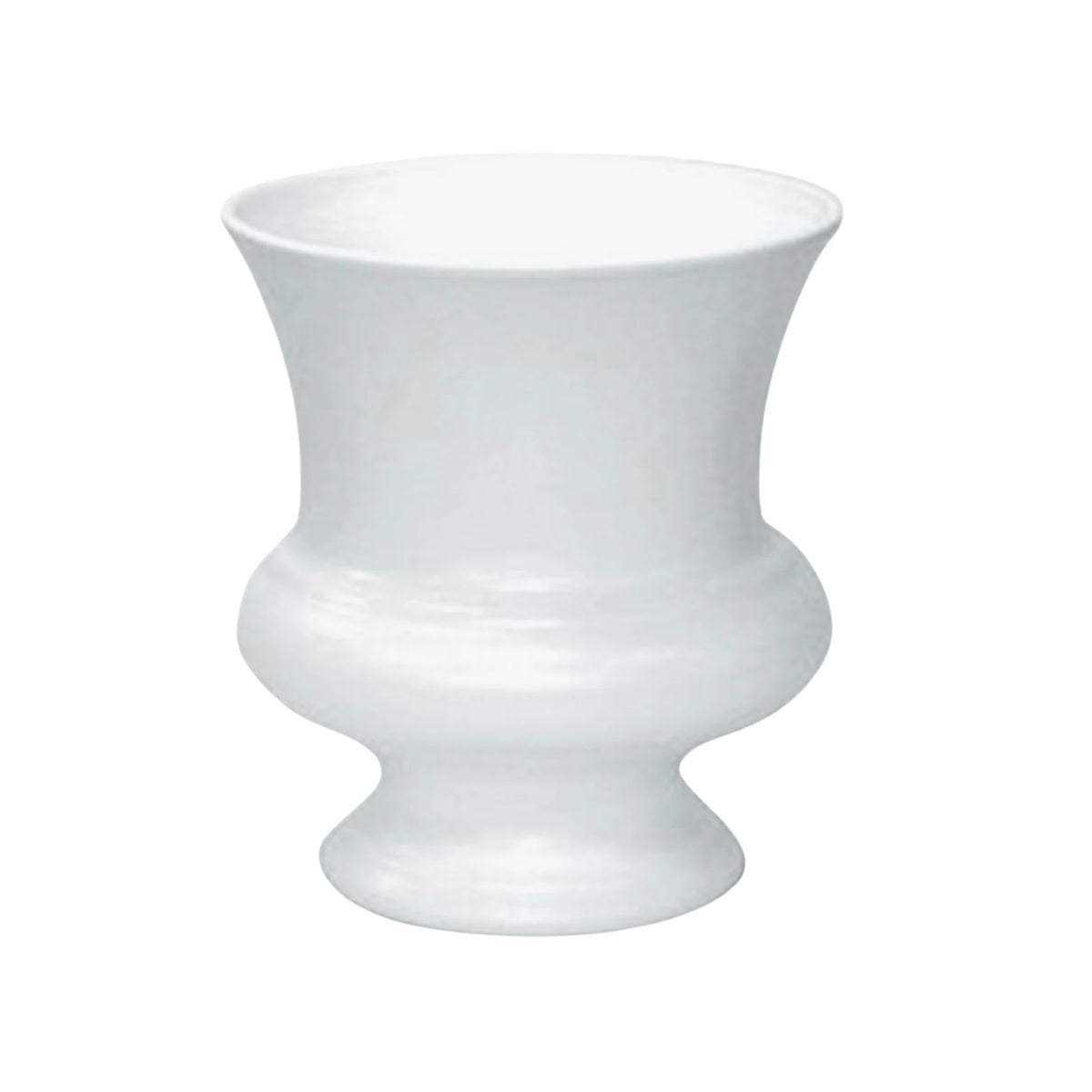 a white ceramic urn flower vase on a white background.