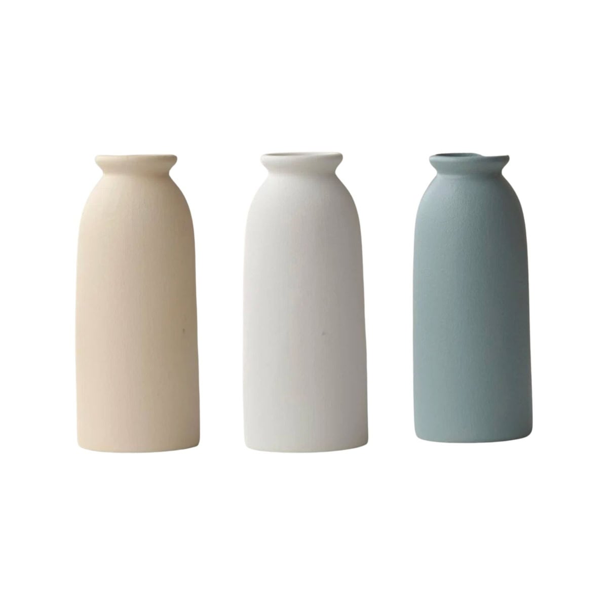 three blue flower vases on a white background.
