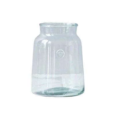 a clear glass flower vase on a white background.