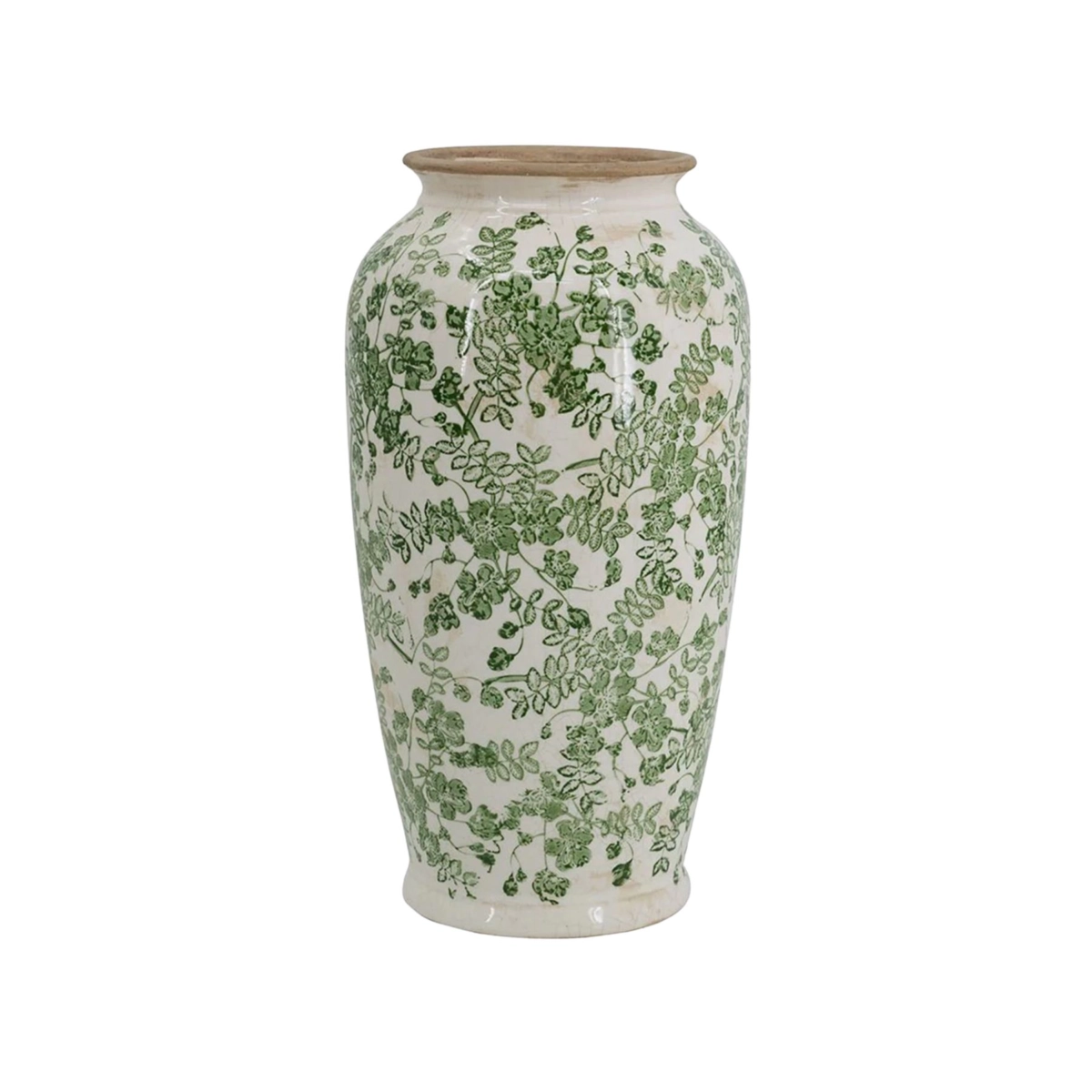 A green and white chinoiserie flower vase on a white background.