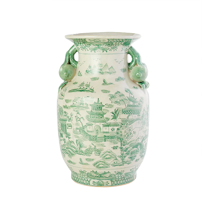 A green and white chinoiserie flower vase on a white background.