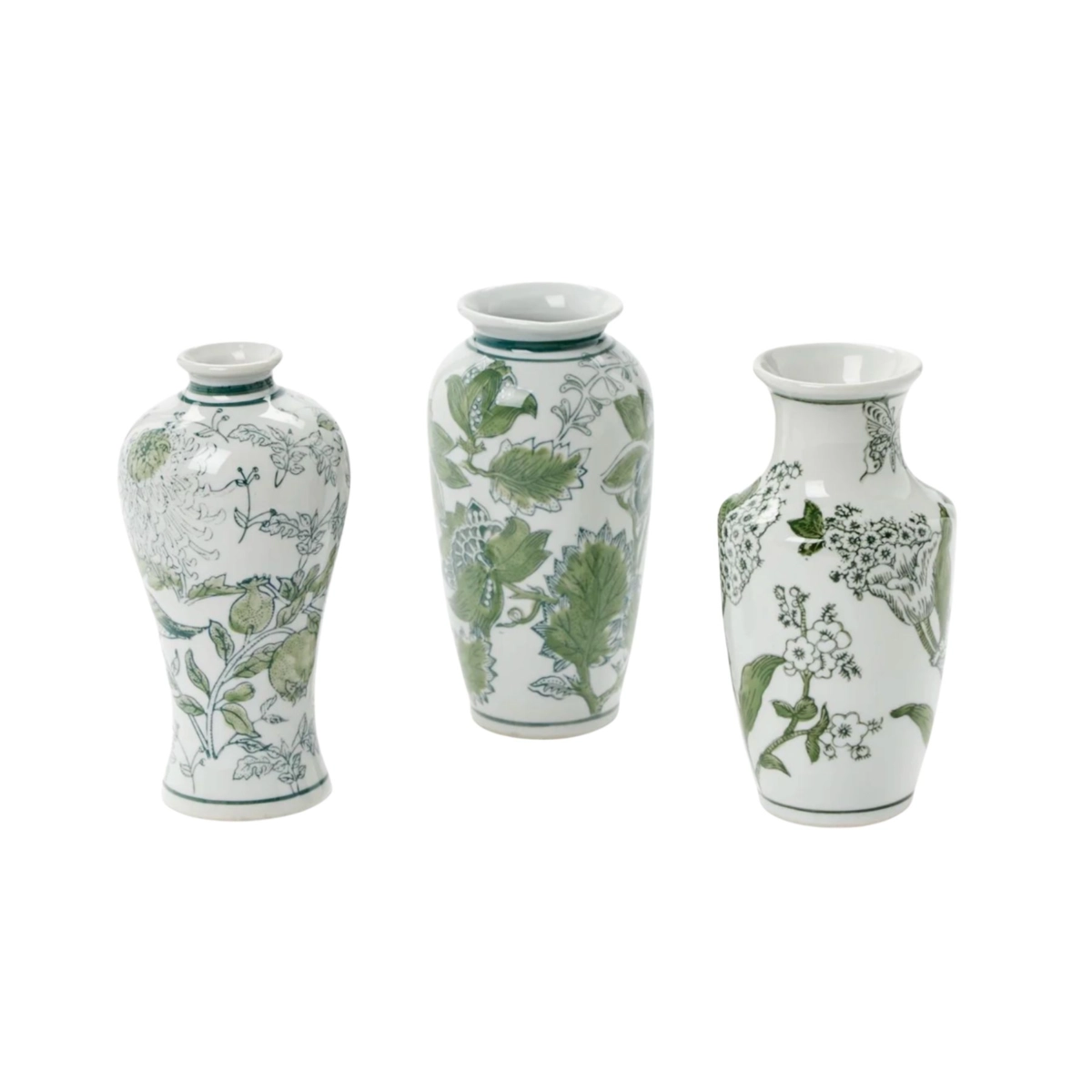 Green and white chinoiserie flower vases on a white background.
