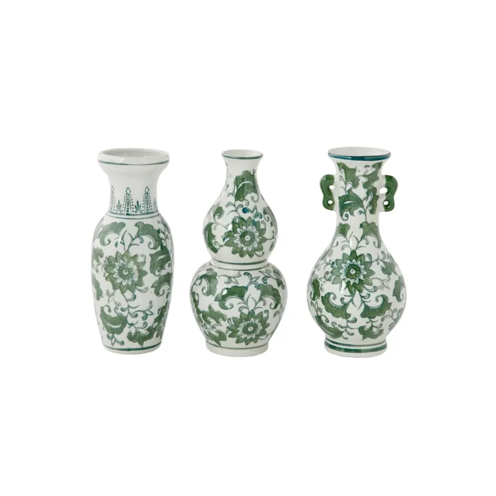 Green and white chinoiserie flower vases on a white background.