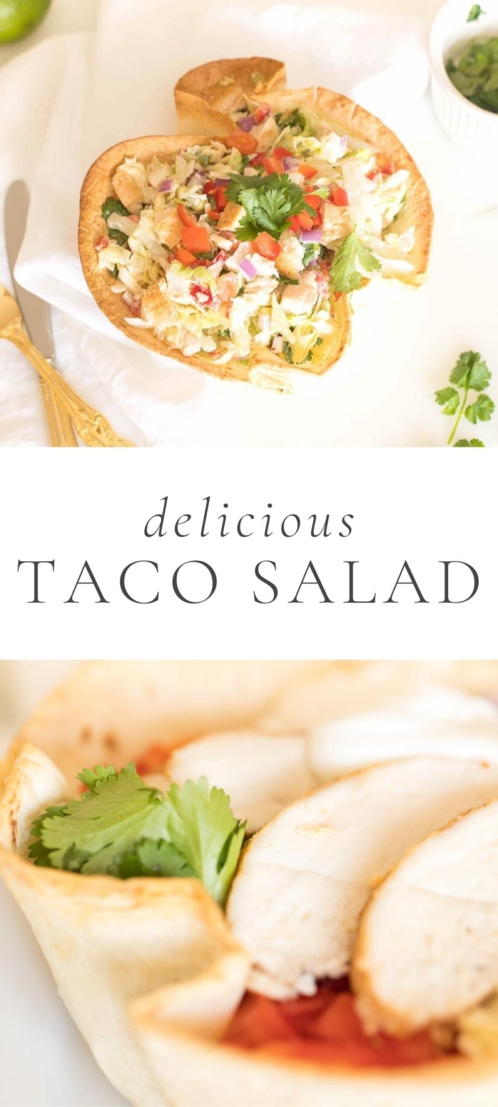 taco salad in taco bowl with chicken avocados and Pico de Gallo