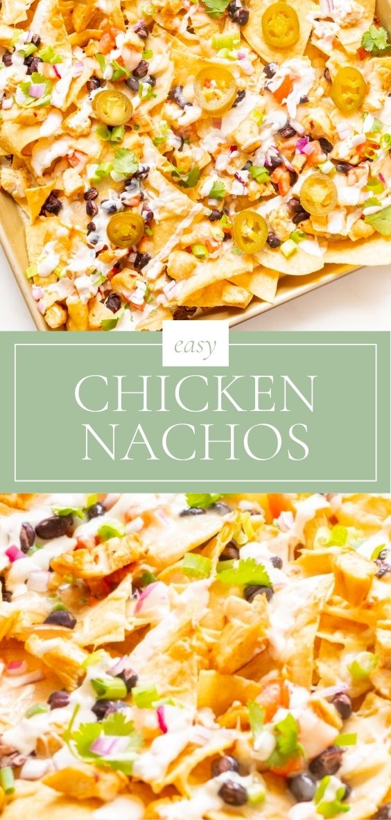 On a golden baking sheet there is easy chicken nachos.