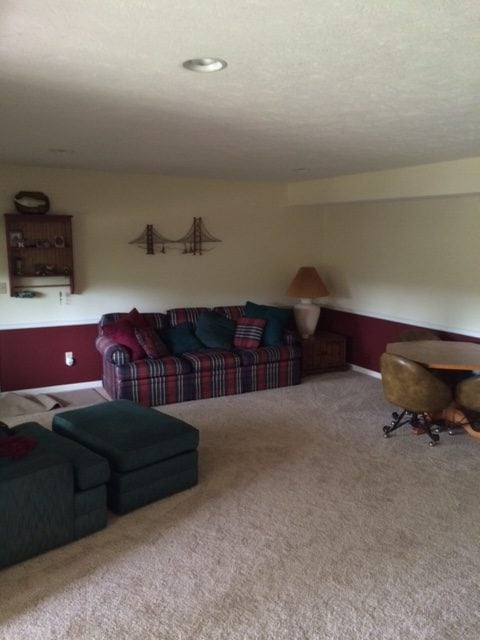 Living room before being remodeled, cream walls and brown carpet. 