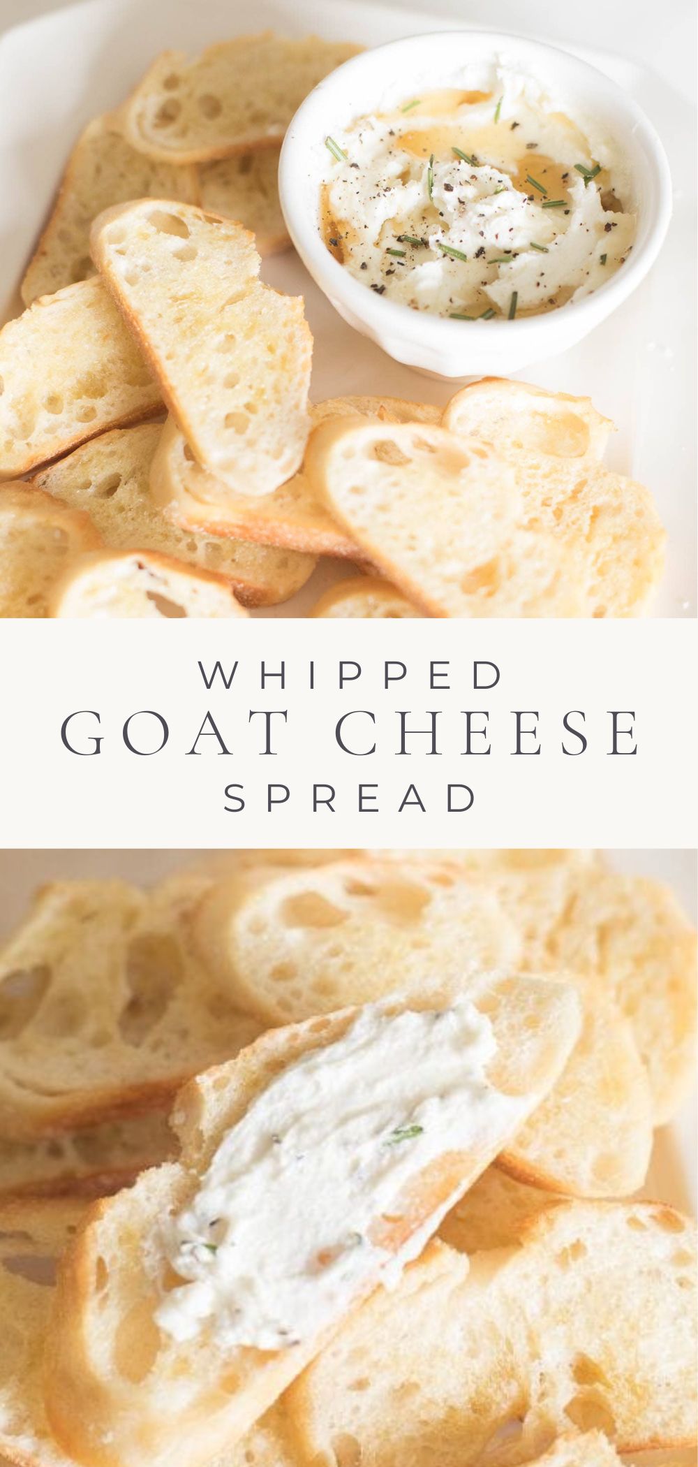Two pictures of whipped goat cheese spread with crostini for dipping