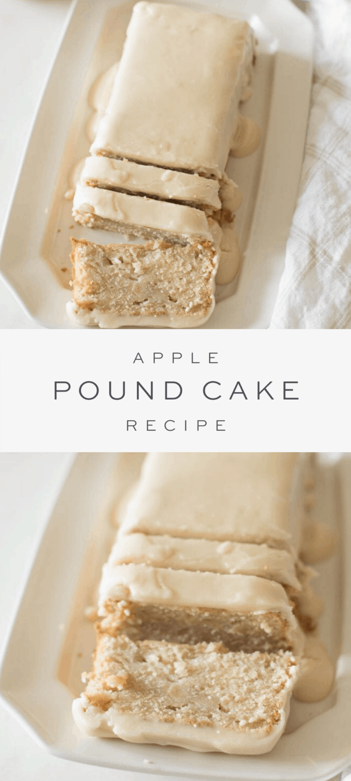 apple pound cake on platter, overlay text, close up of sliced apple pound cake