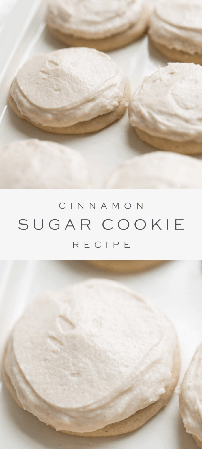frosted cinnamon sugar cookies, overlay text, close up of cinnamon sugar cookies