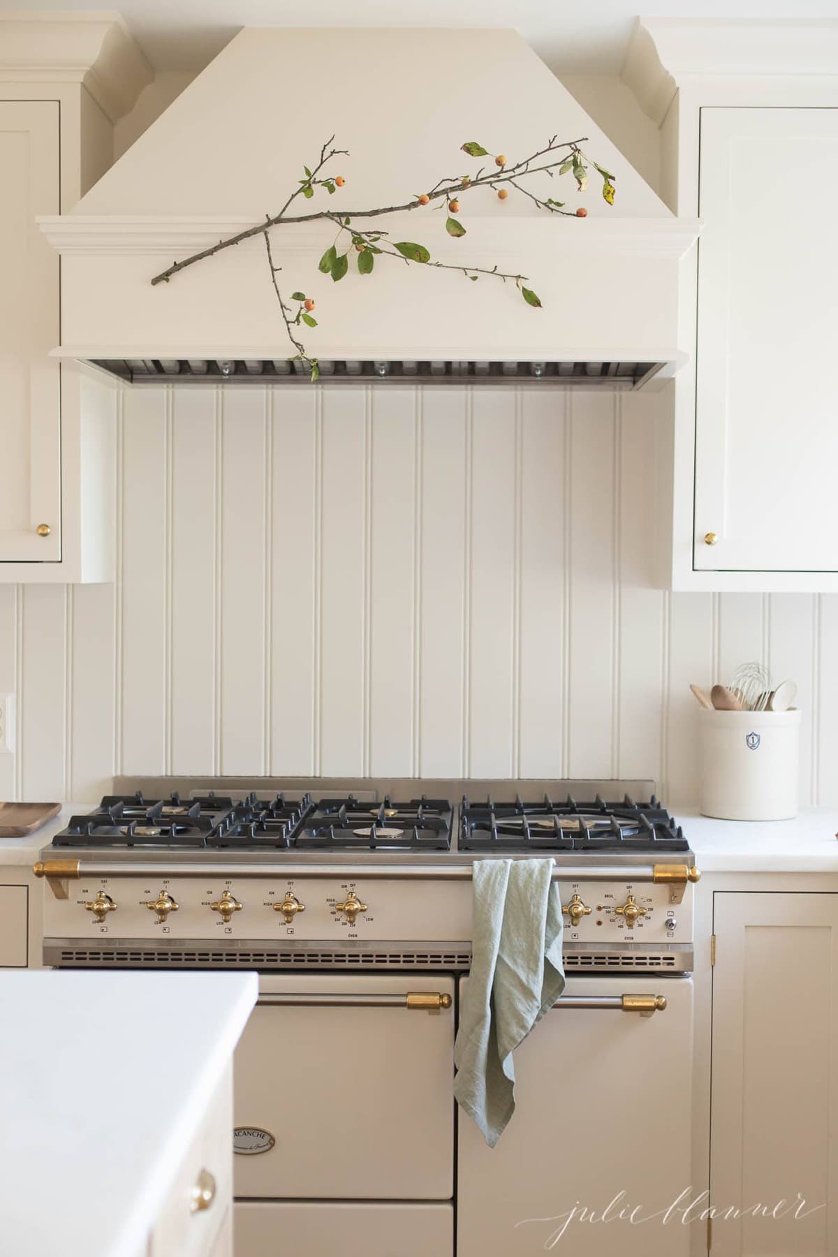 crabapple branch on kitchen hood above range