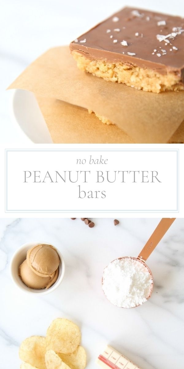 Top photo is a closeup square of a peanut butter bar on a white plate with parchment paper. Bottom photo is a layout of ingredients for peanut butter bars.