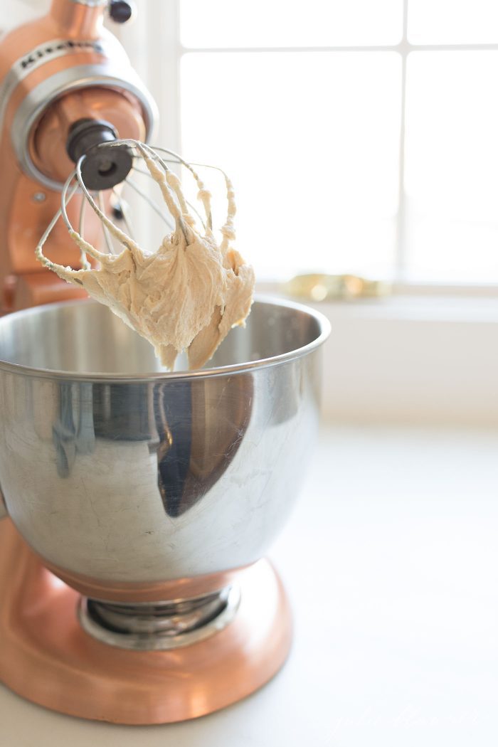 caramel buttercream frosting in a stand mixer