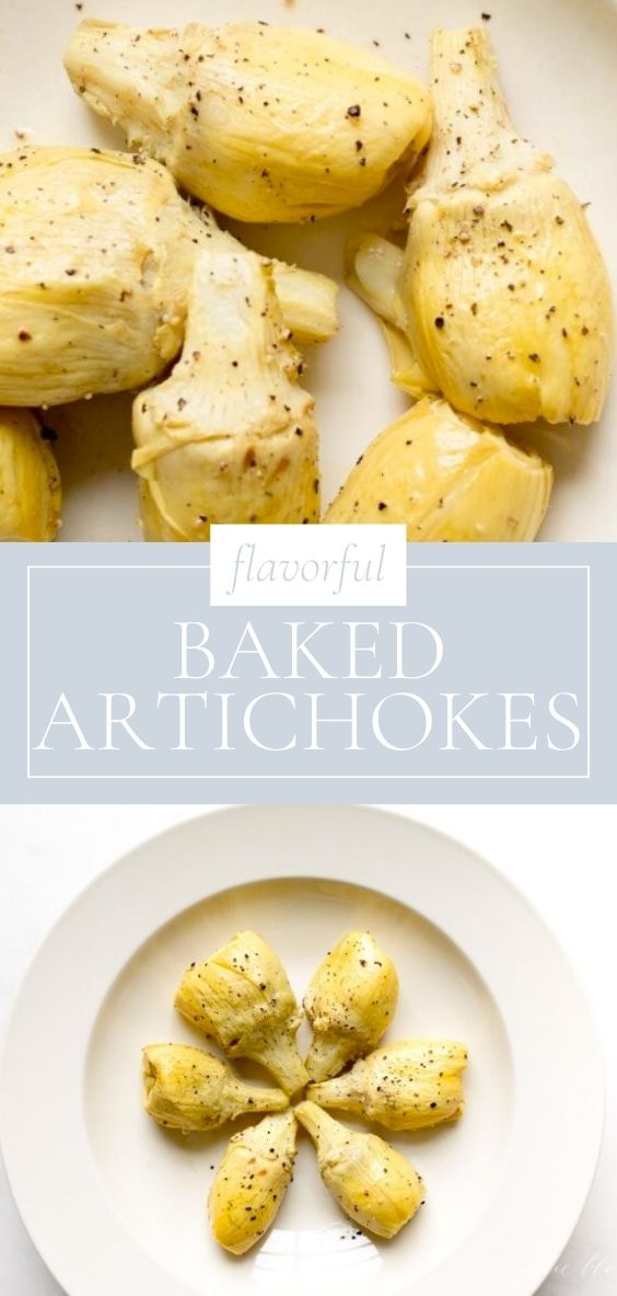 On a marble counter, there is a round white plate holding flavorful baked artichokes.