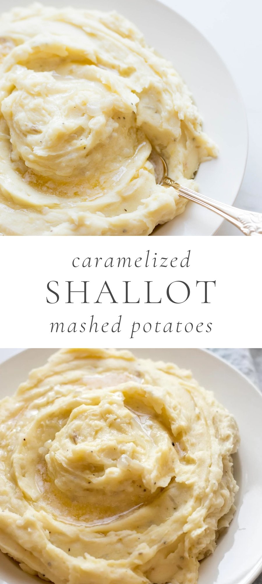 Caramelized Shallot Mashed Potatoes in white plate