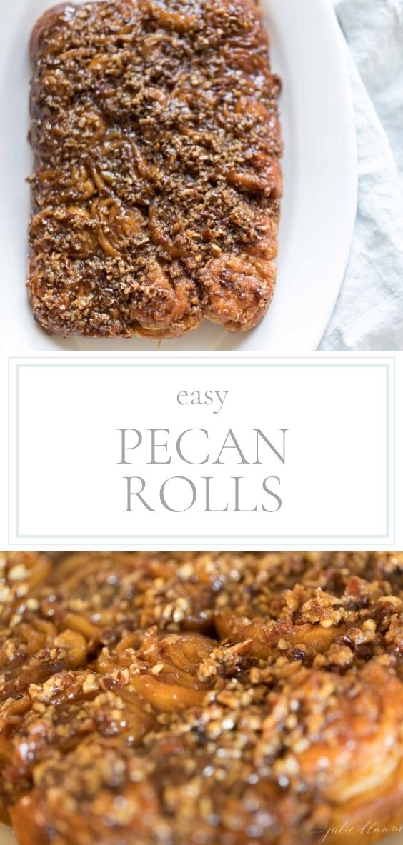 Easy Pecan Rolls are pictured on a white serving dish on a marble counter.