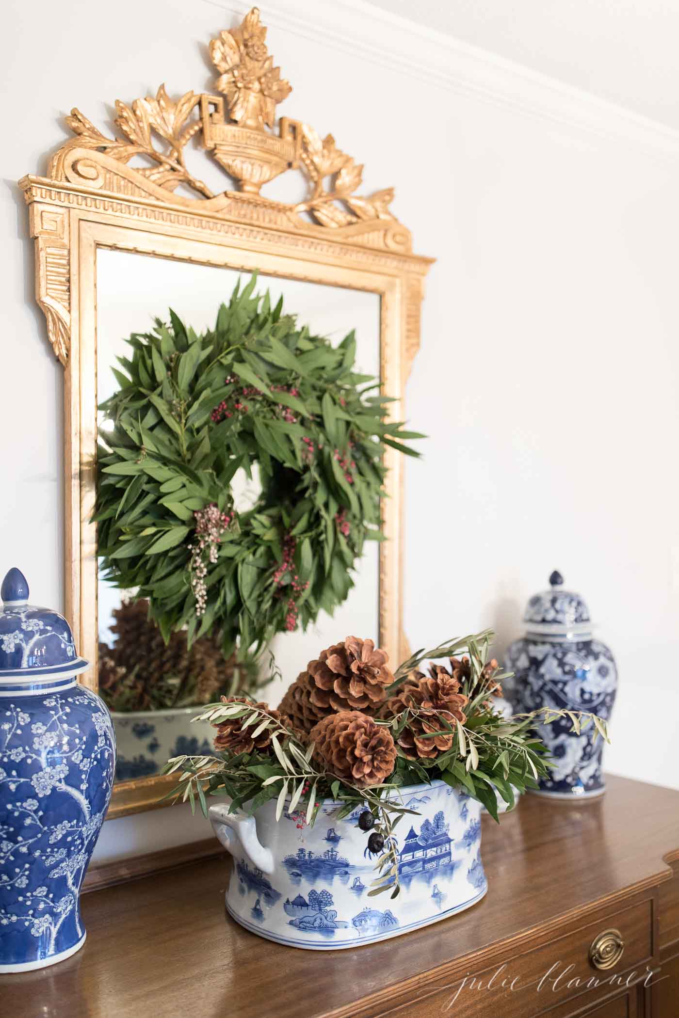 christmas house tour pine cones and wreath
