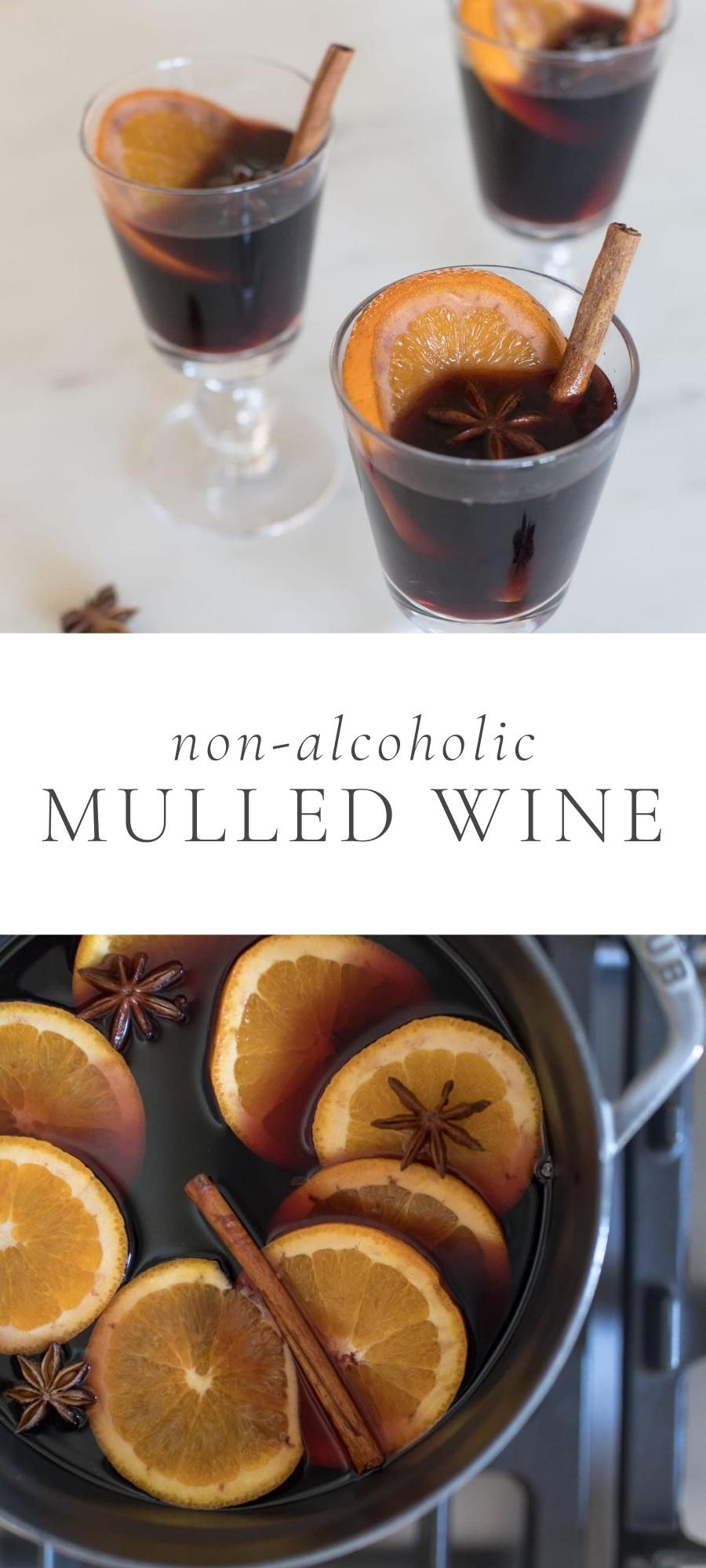 Easy Non Alcoholic Mulled Wine For The Holidays in glasses with oranges and cinnamon sticks