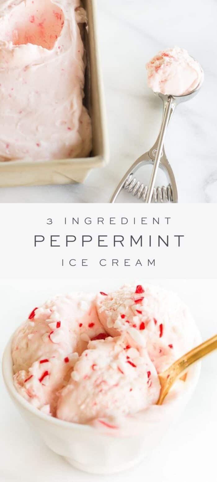 peppermint ice cream in loaf pan with ice cream scoop, overlay text, close up of peppermint ice cream in dish