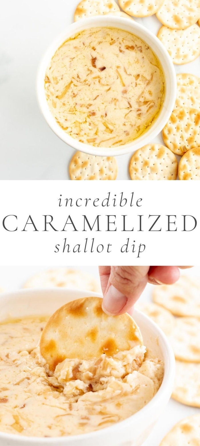 caramelized shallot dip in bowl with hand dipping in
