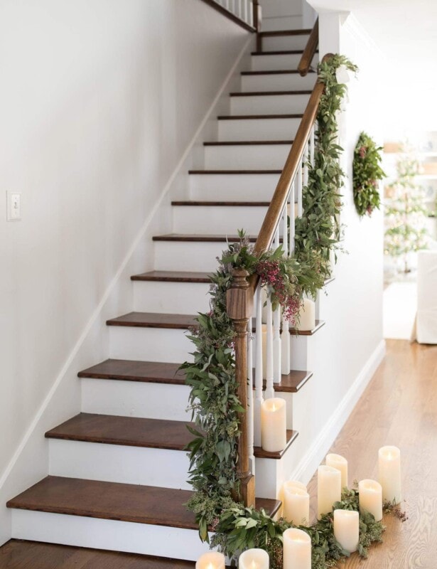 garland and candles on stairs