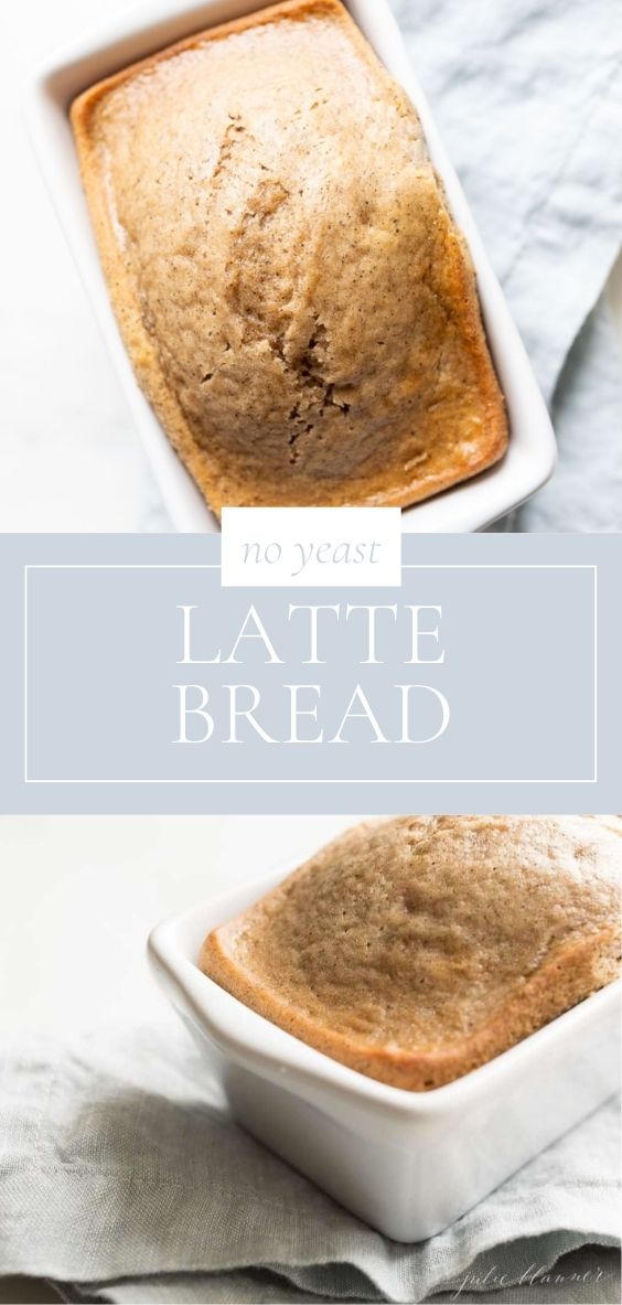 On a marble counter top there is a loaf of Latte Bread in a white baking dish.