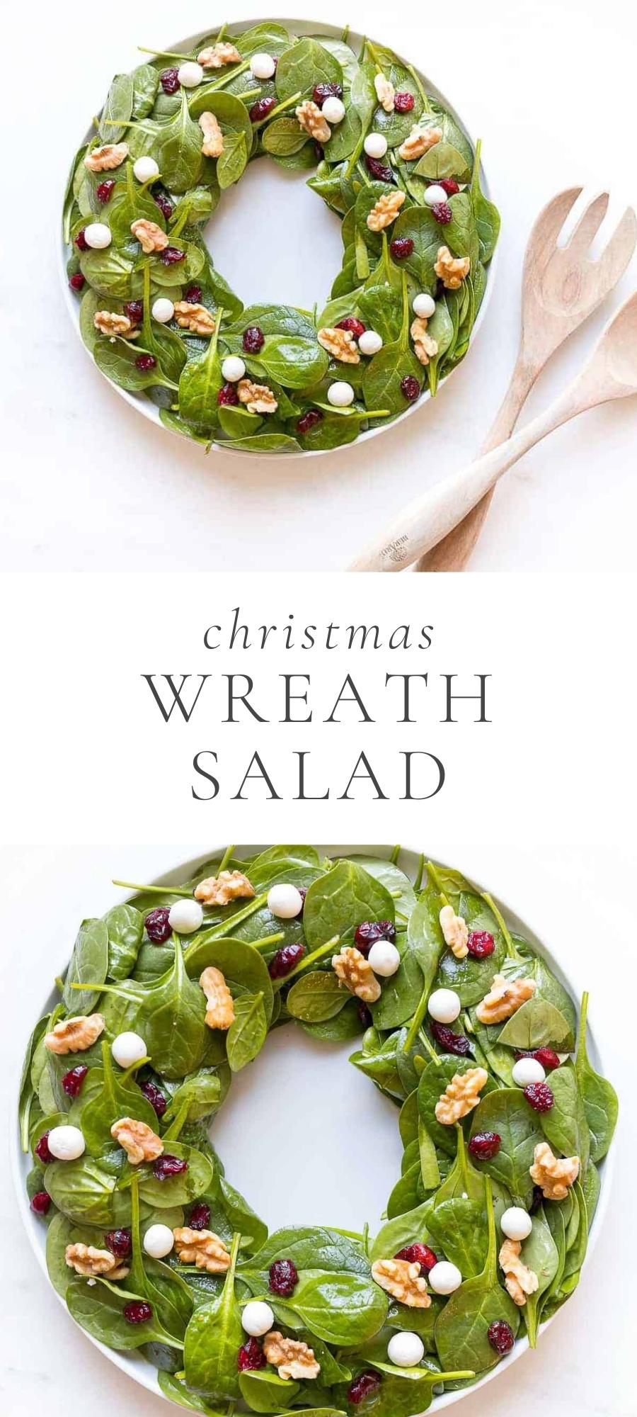 christmas wreath shaped salad next to wooden spoon