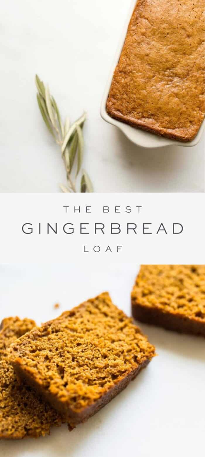 loaf of gingerbread and piece of fresh spice, overlay text, slices of gingerbread loaf