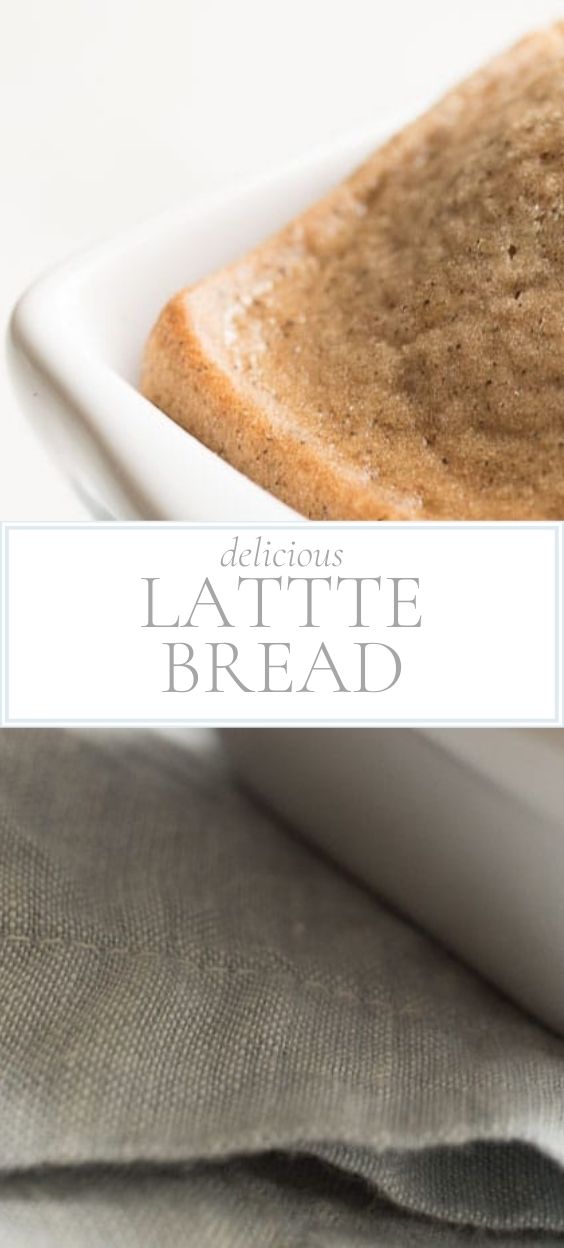 Corner of a white ceramic loaf pan. Inside pan is a medium-brown color bread. Wording "delicious latte bread" is in middle of photo.