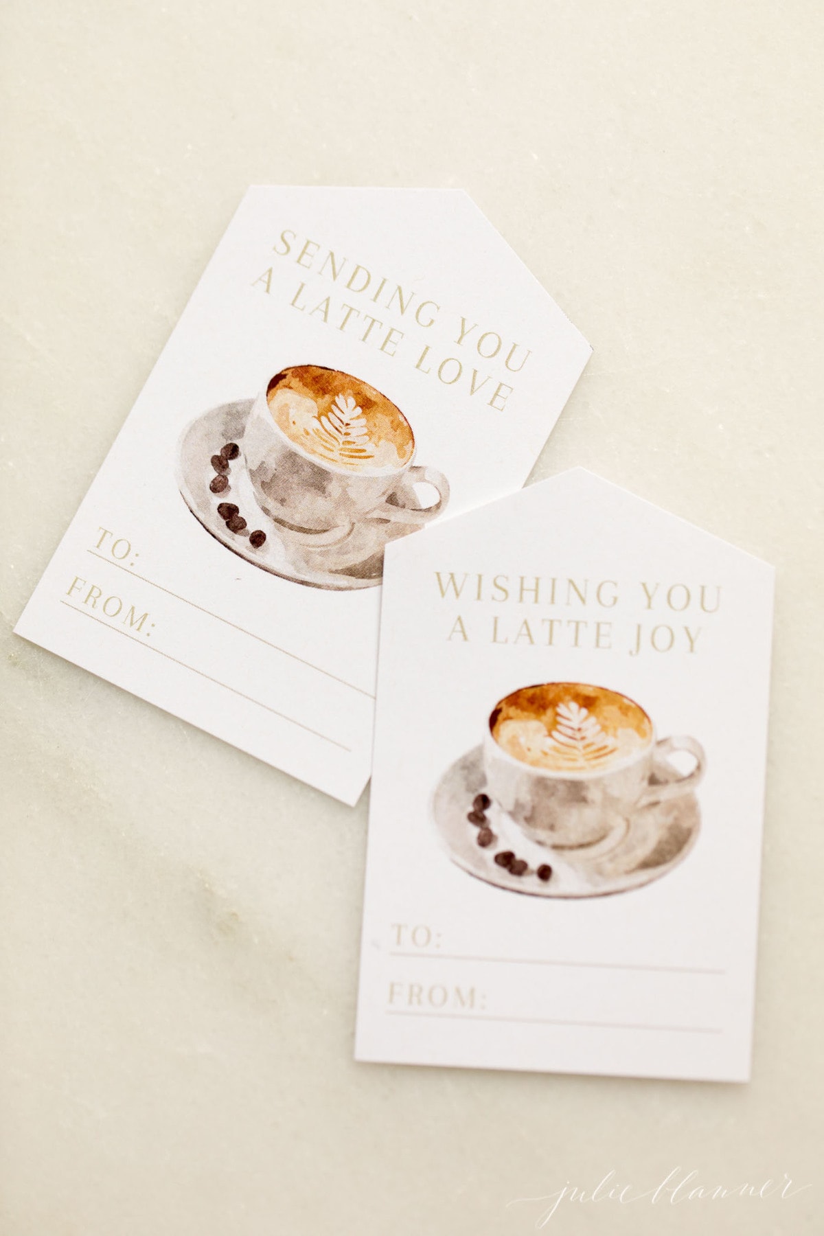 christmas gift tags with an image of a mug latte, wording reads 