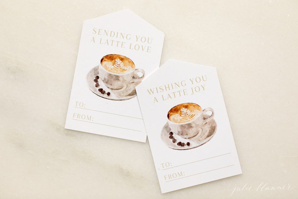 latte gift tags on a marble surface