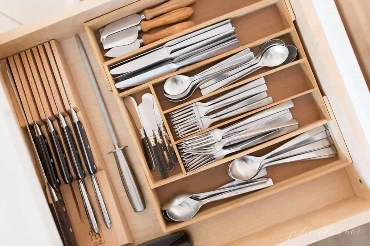 organized utensil drawr with bamboo tray