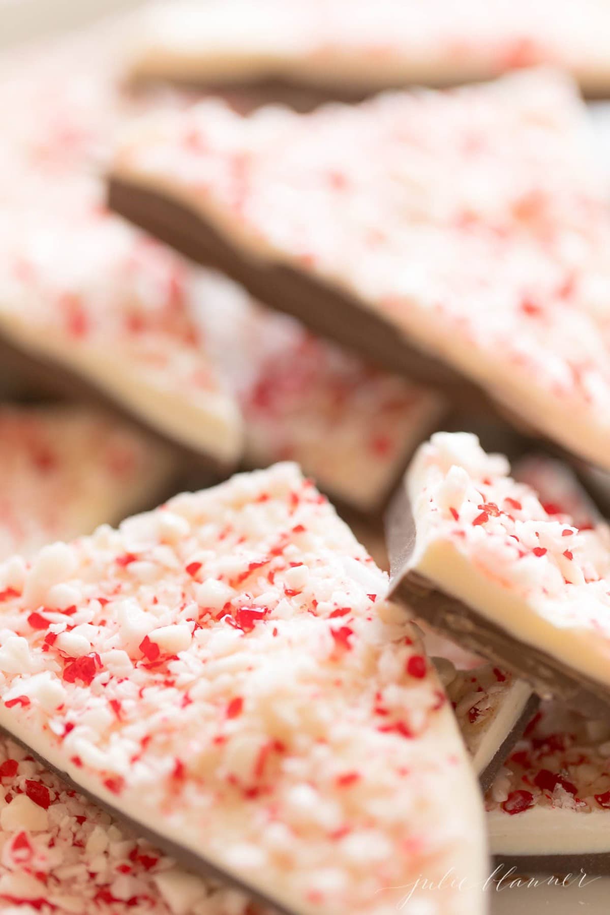 Close up of salted peppermint bark pieces