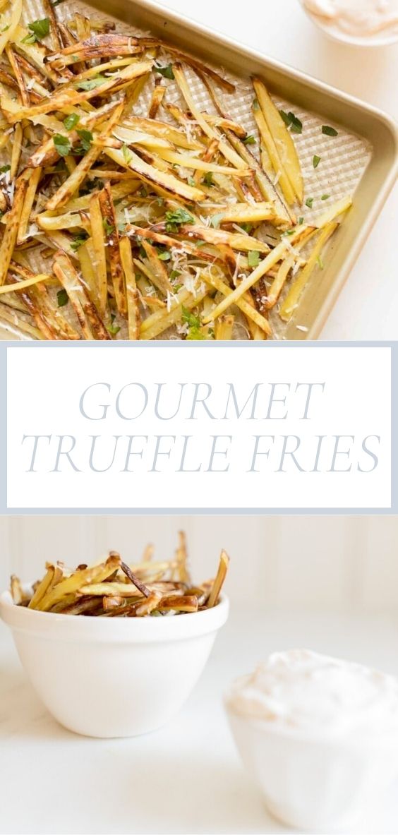 Gourmet style truffle fries are pictured on a golden baking sheet and in a round white bowl next to another small round white bowl of a dip.